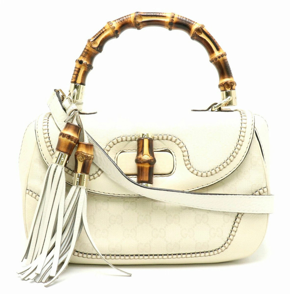 Gucci GG Canvas Bamboo Fringe Tassel Shoulder Bag Ivory White